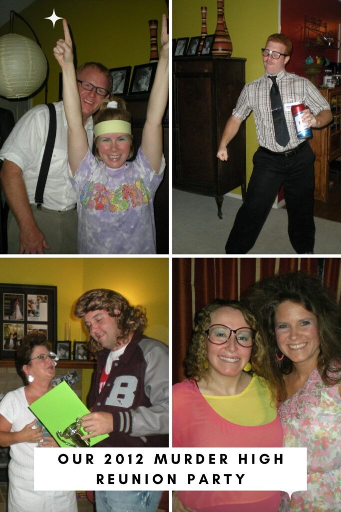 Murder High Reunion murder mystery collage of characters in 1980s costumes