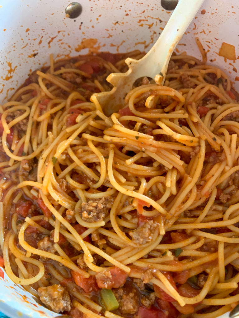 one pot spaghetti with doctored jarred spaghetti sauce