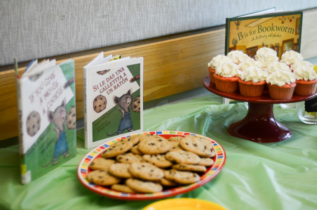 cookies and cupcakes on party table with If You Give a Mouse a Cookie books 