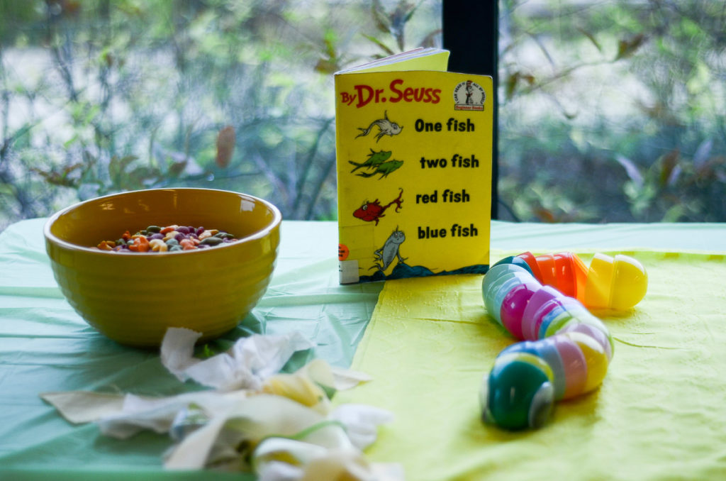 library birthday party food on table with Dr. Seuss book