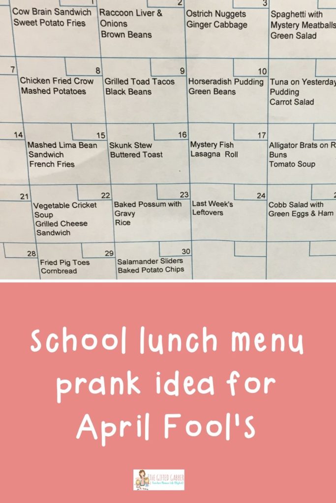 fake school lunch menu April Fool's prank with text overlay