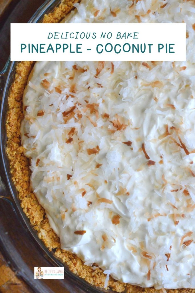 top view of coconut pineapple pie with text overlay 