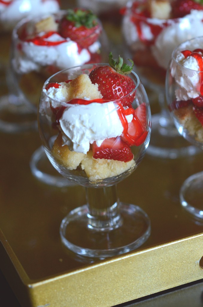 strawberry cheesecake shortcake trifle in glasses