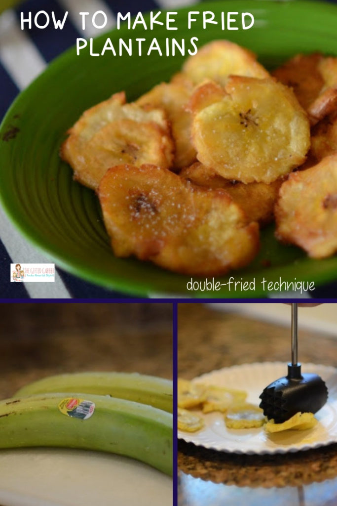 platanos fritos (patacones) - collage image with green plantains turned into twice fried plantains