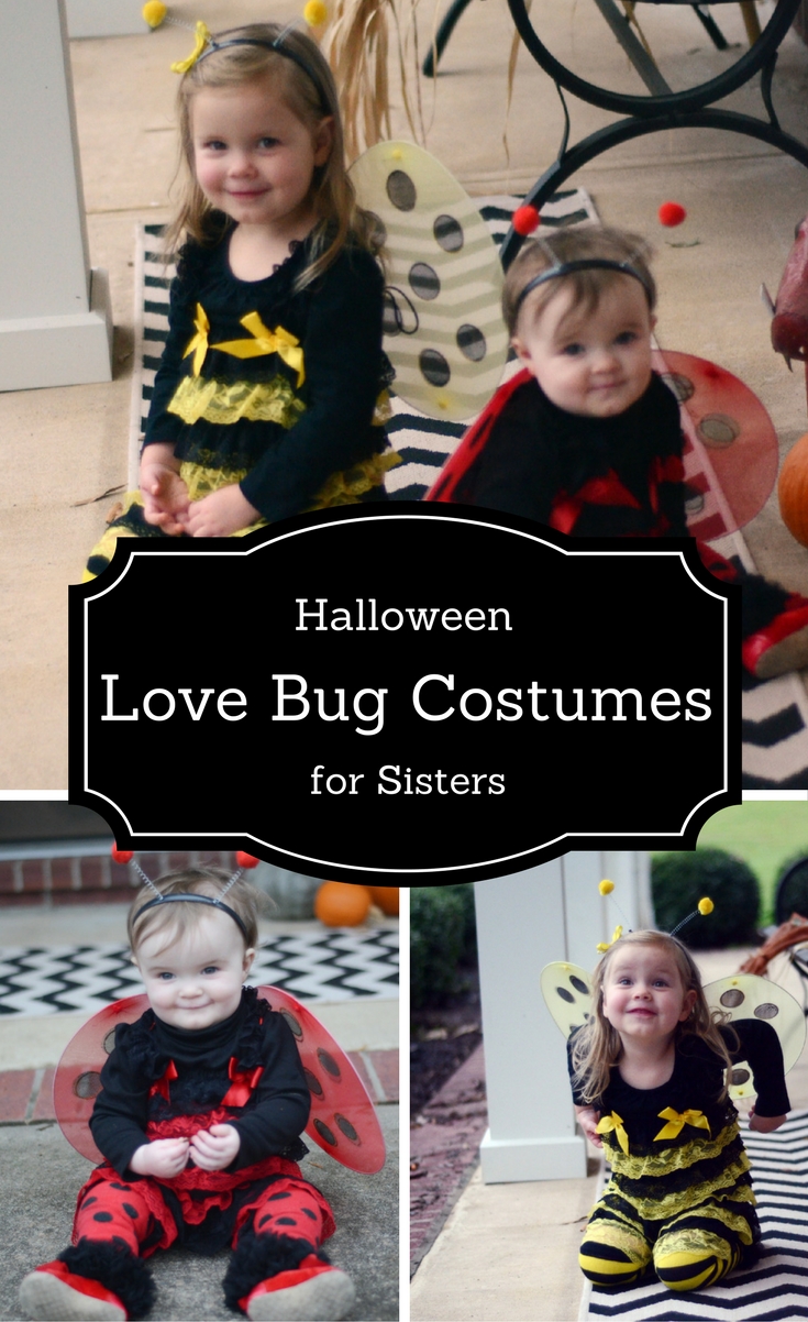 Bumble Bee and Ladybug Halloween Costumes for sisters with text overlay 