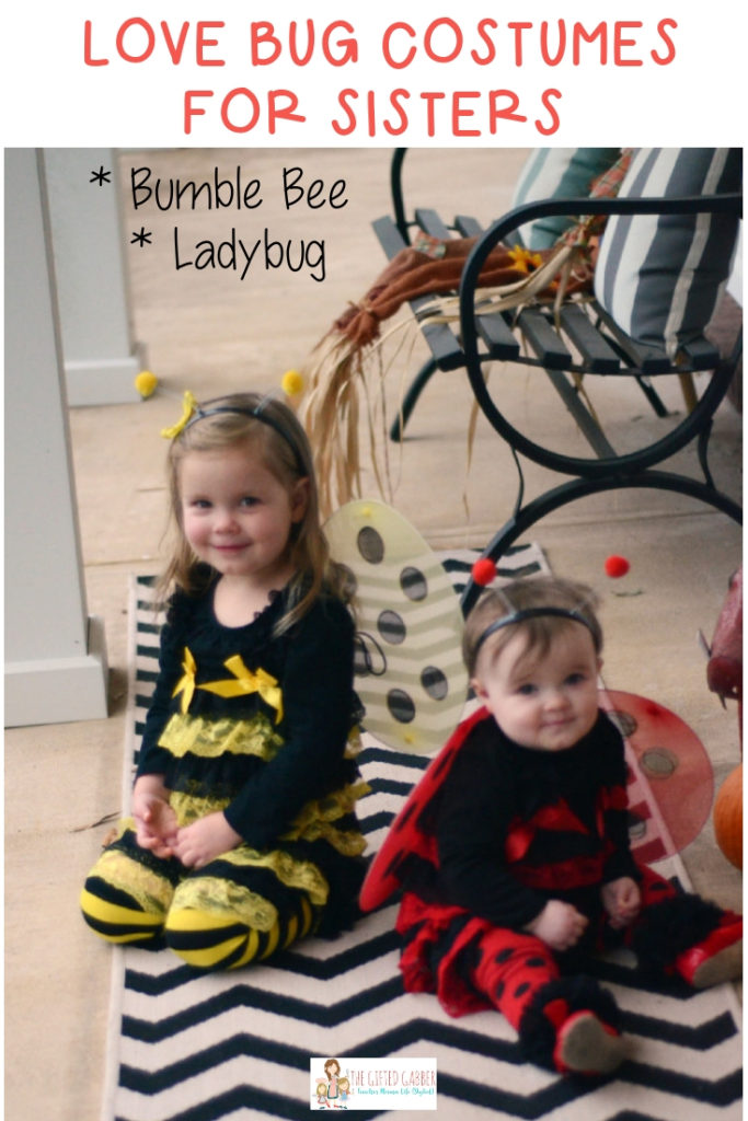 two sisters wearing bumble bee and ladybug costumes with text overlay