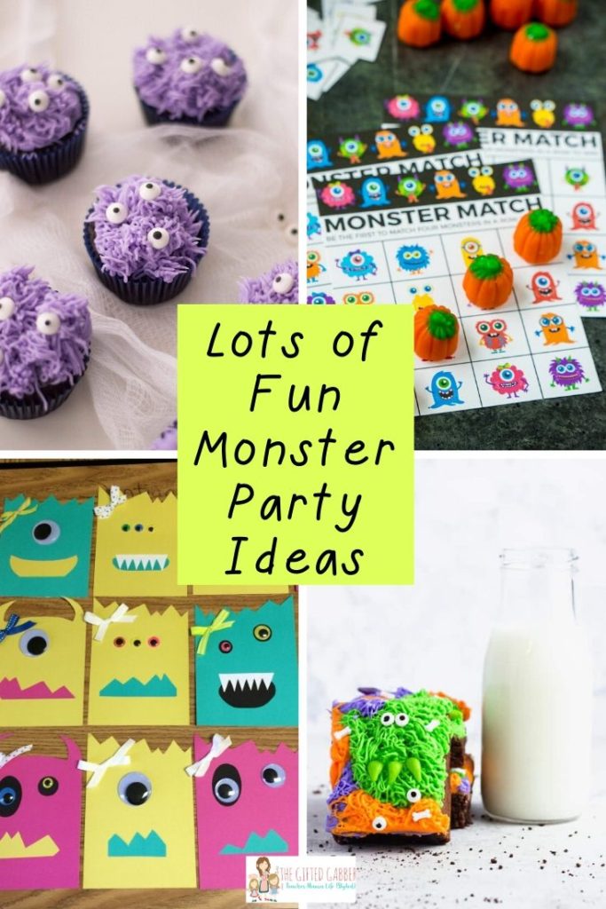 collage image of monster themed birthday party ideas