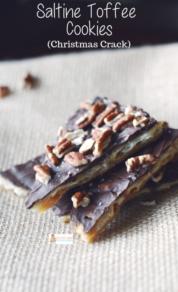 chocolate saltine cracker candy with pecans on burlap background