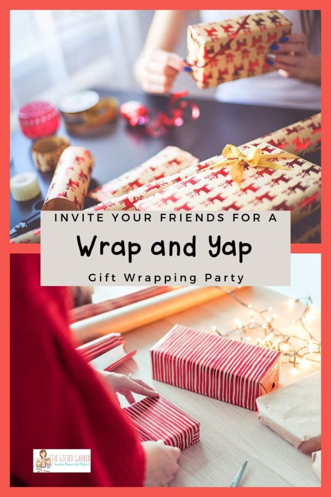 collage image of women wrapping Christmas gifts at gift wrapping party