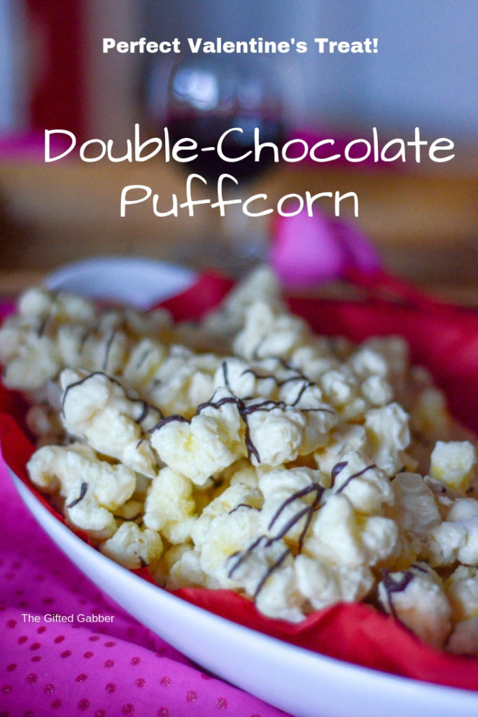 almond bark puffcorn with chocolate drizzle in white dish with text overlay 