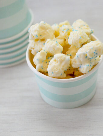 almond bark Puffcorn in striped cup