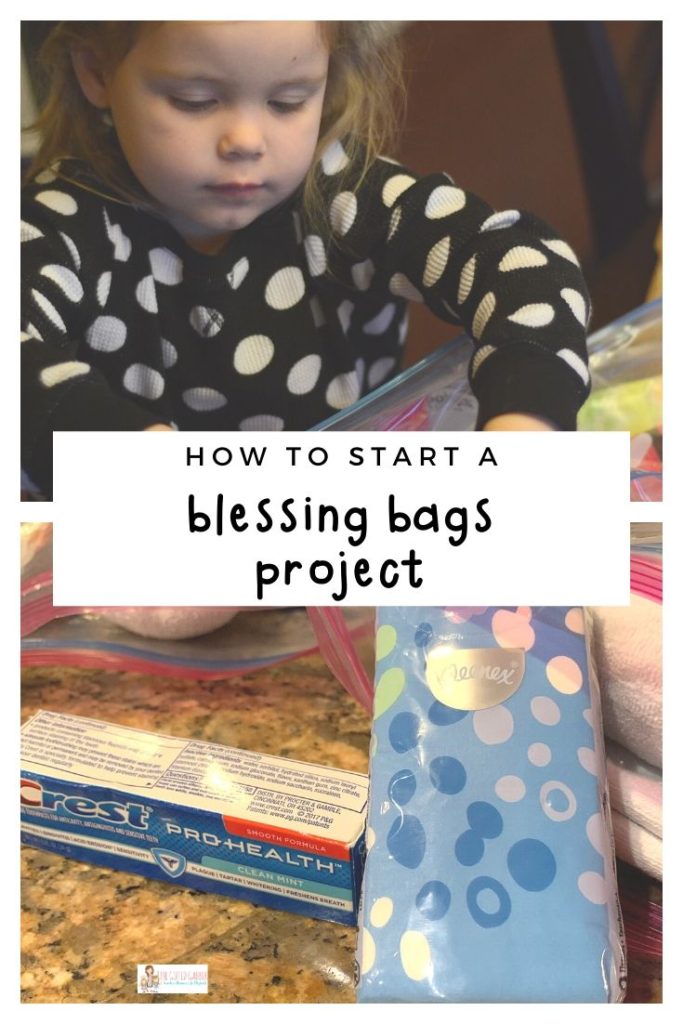 collage image of little girl making blessing bags - hygiene kits for homeless