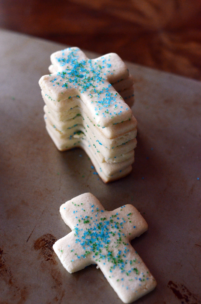 Easter cross sugar cookies without brown sugar on cookie sheet