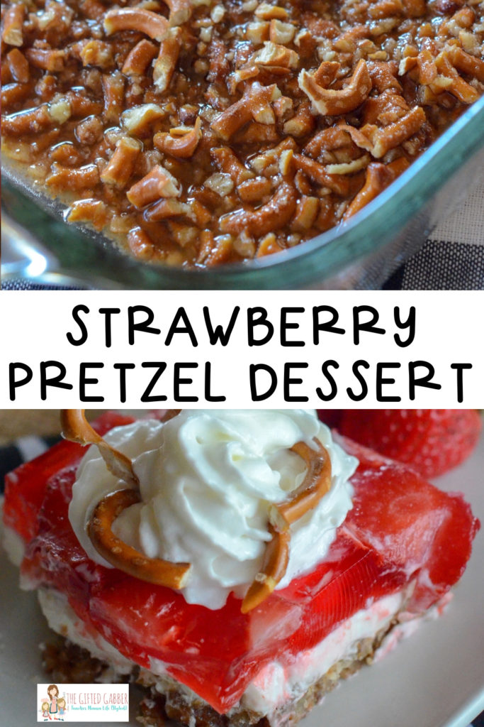 strawberry pretzel salad collage image with text overlay 