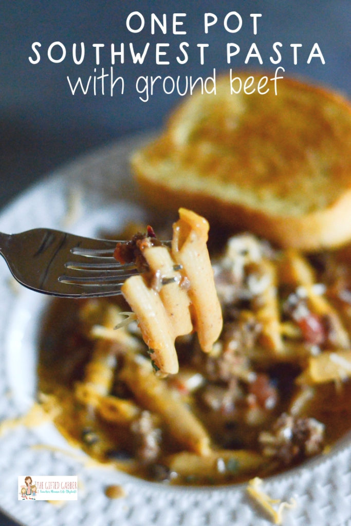 pasta on fork with southwest pasta bowl in background with text overlay 