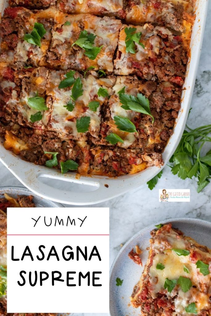 no boil lasagna recipe with cottage cheese in white baking dish text overlay