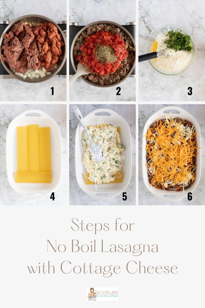 step by step collage image of no boil lasagna recipe with cottage cheese