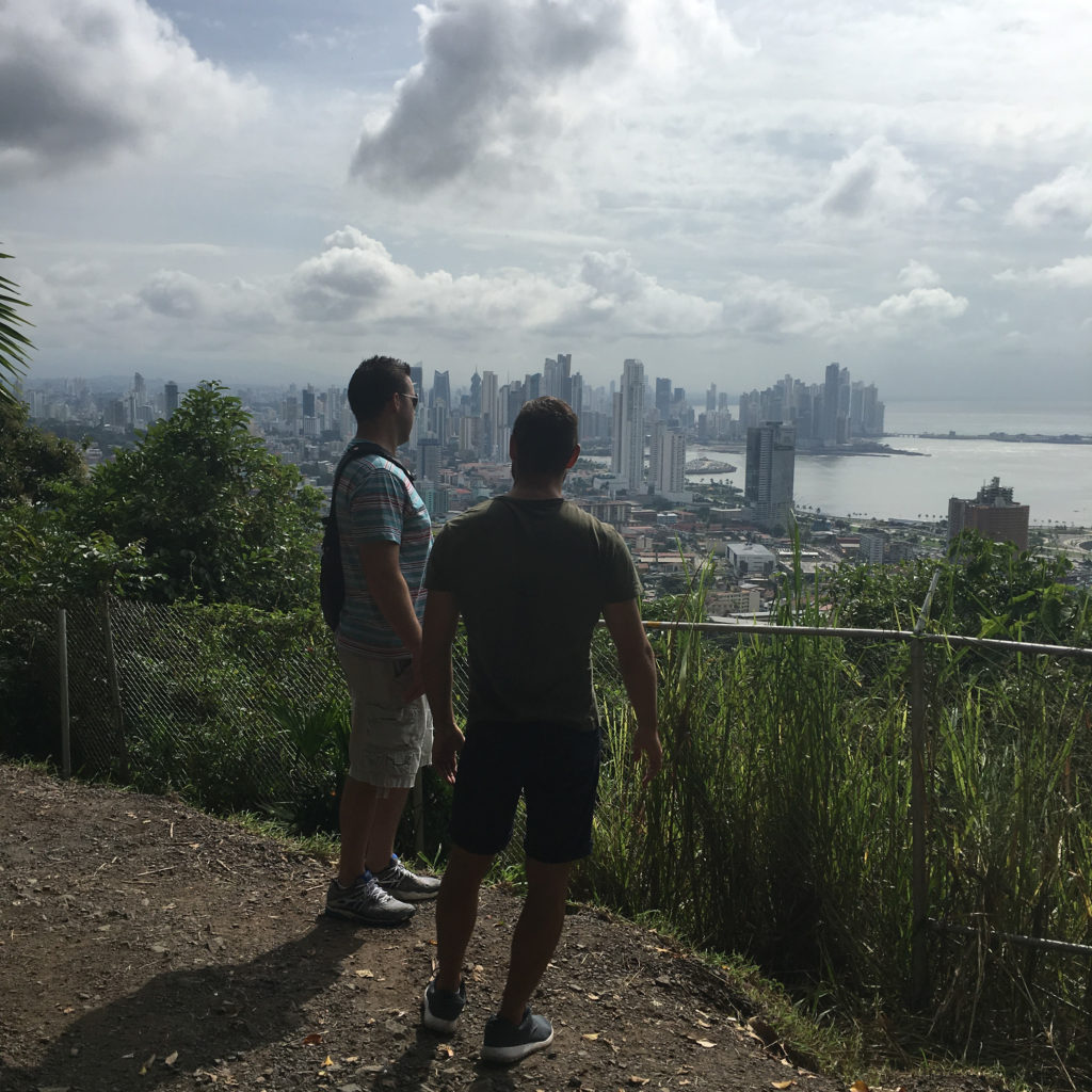 two men on guided tour of Cerro Ancon in Panama City Panama 