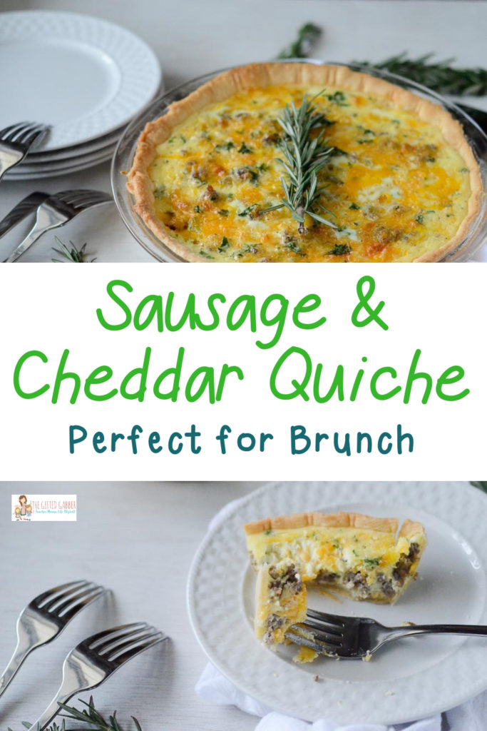 collage image of cheddar and sausage quiche on white background with text overlay