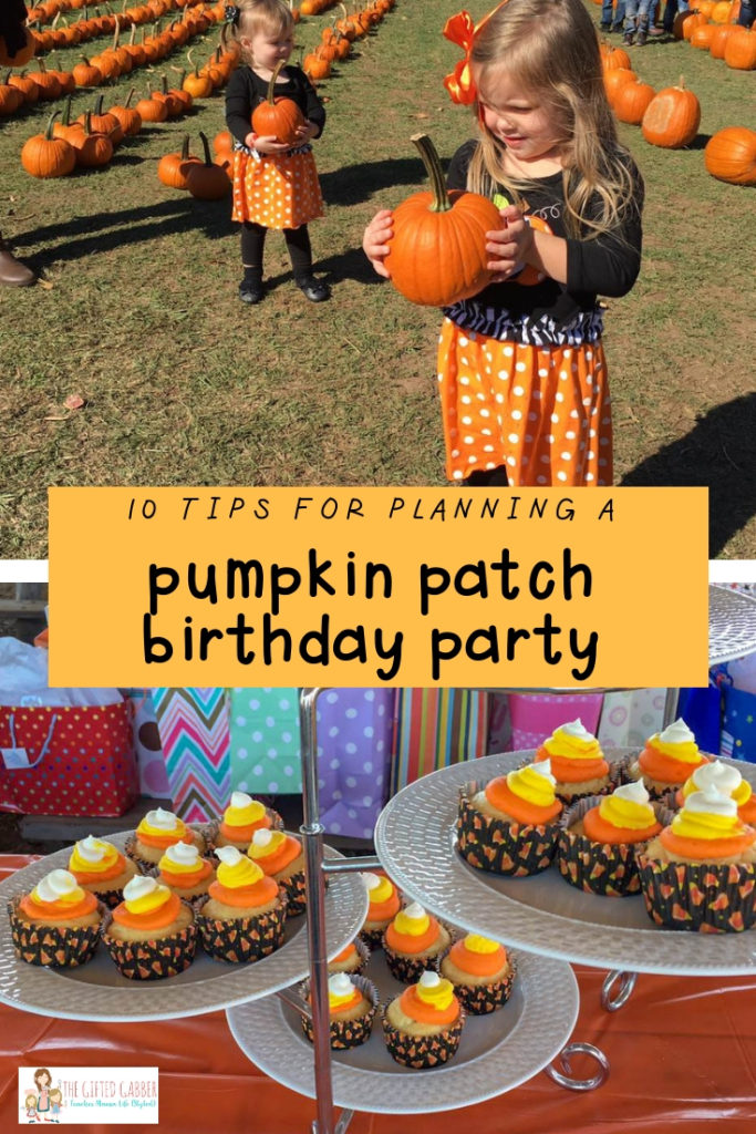 collage image of two girls holding pumpkins and a table of cupcakes at a pumpkin patch birthday party