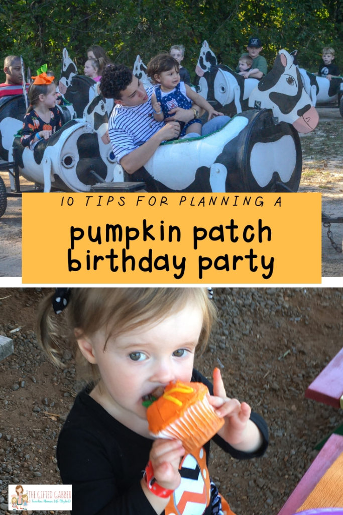 collage of child eating a cupcake and riding a train at a pumpkin patch birthday party