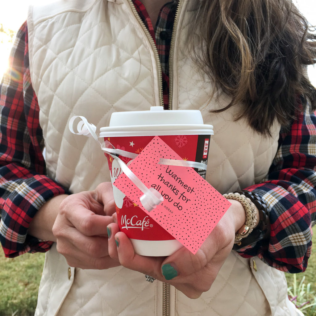 woman holds a "Warmest Thanks" gift - a coffee git with a printable thank you tag