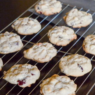 white chocolate cranberry pecan cookies on wire rack