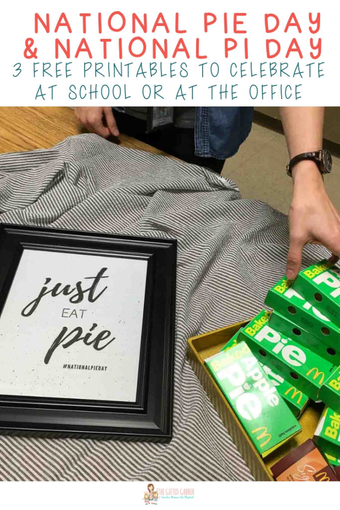 Celebrate National Pie Day and National Pi Day at your school or office with these three free printables! Fun celebratory food doesn't get much easier than McDonald's apple pies - no fuss, no mess! Pop a cute little sign with a funny quote into a frame - and, bam, it's a pie party in the classroom, teacher's lounge or office! Teachers can show their students they DO have a sense of humor with this fun idea! #teachers #pi #pie #party #classroom #office #work