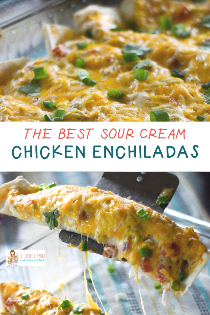 collage image of sour cream chicken enchiladas 