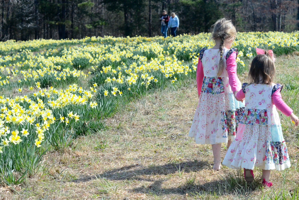 two little girls walk in a field of flowers 