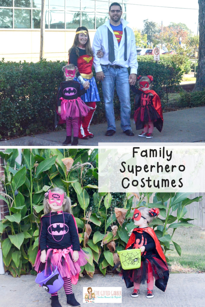 a family in superhero costumes with text overlay 
