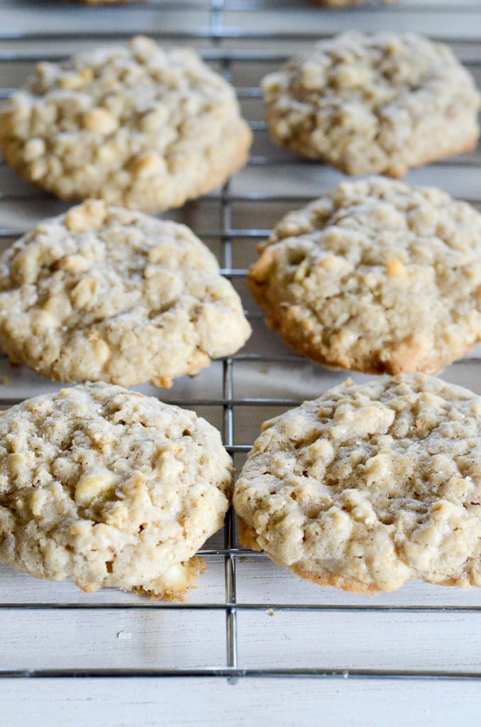 tray of white chocolate chip and almond oatmeal cookies 