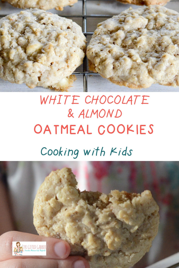 collage image of white chocolate and almond oatmeal cookies with text overlay 