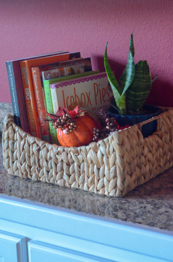 small pumpkin and snake plant inside woven basket with cookbooks