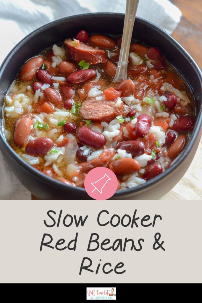 slow cooker red beans and rice in black bowl with text overlay