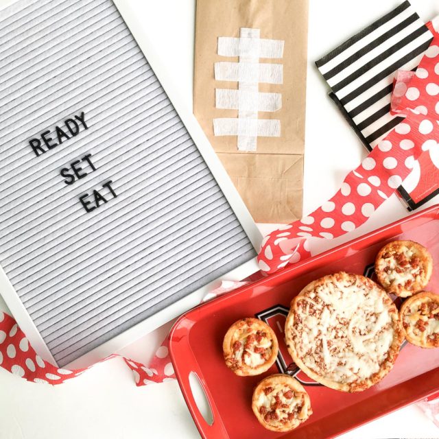 Ready Set Eat sports slogans Letter Board flat lay with small pizzas on red tray