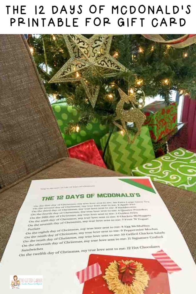 12 days of McDonald's printable with McDonald's gift card with gifts in back 