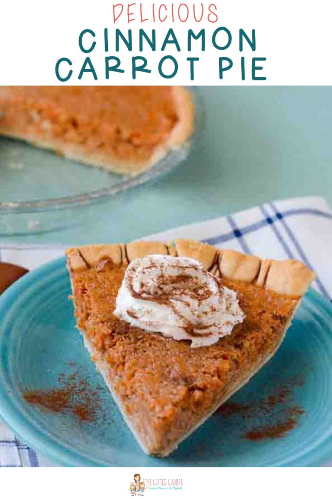 Cinnamon Carrot Pie on a blue plate with text overlay