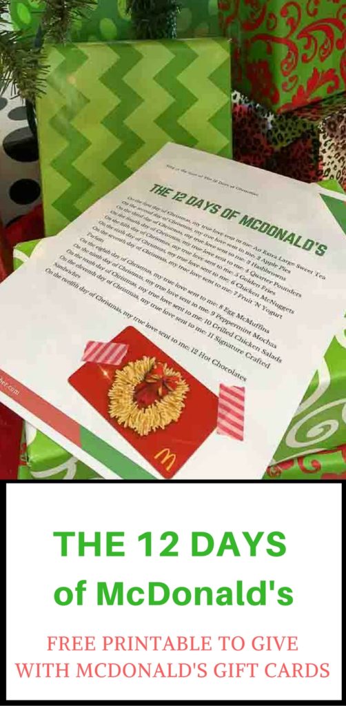 McDonald's gift card attached to Christmas printable 