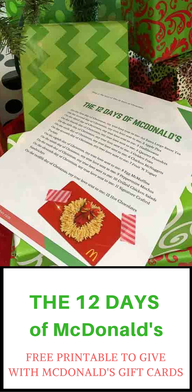 The 12 Days of McDonald's - Cheeky and Free Printable to go with McDonald's Gift Card - #giftcardideas #christmasgiftideas - The Gifted Gabber