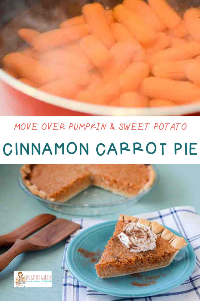 collage image of cinnamon carrot pie - carrots cooking in pot and pie on blue plate 