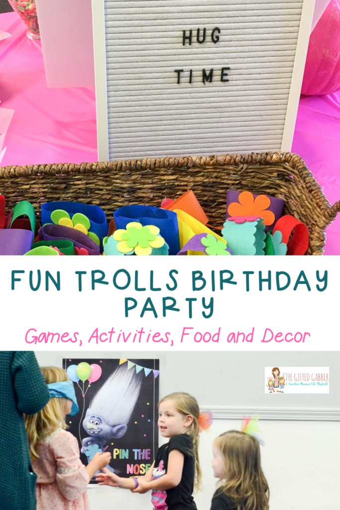 collage image with Trolls favors and Trolls party games 