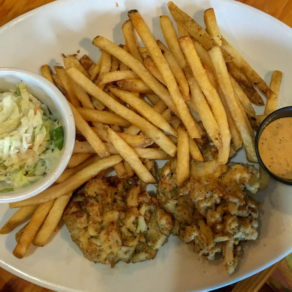 crab cakes and fries on plate from Joe's Crab Shack Branson Landing