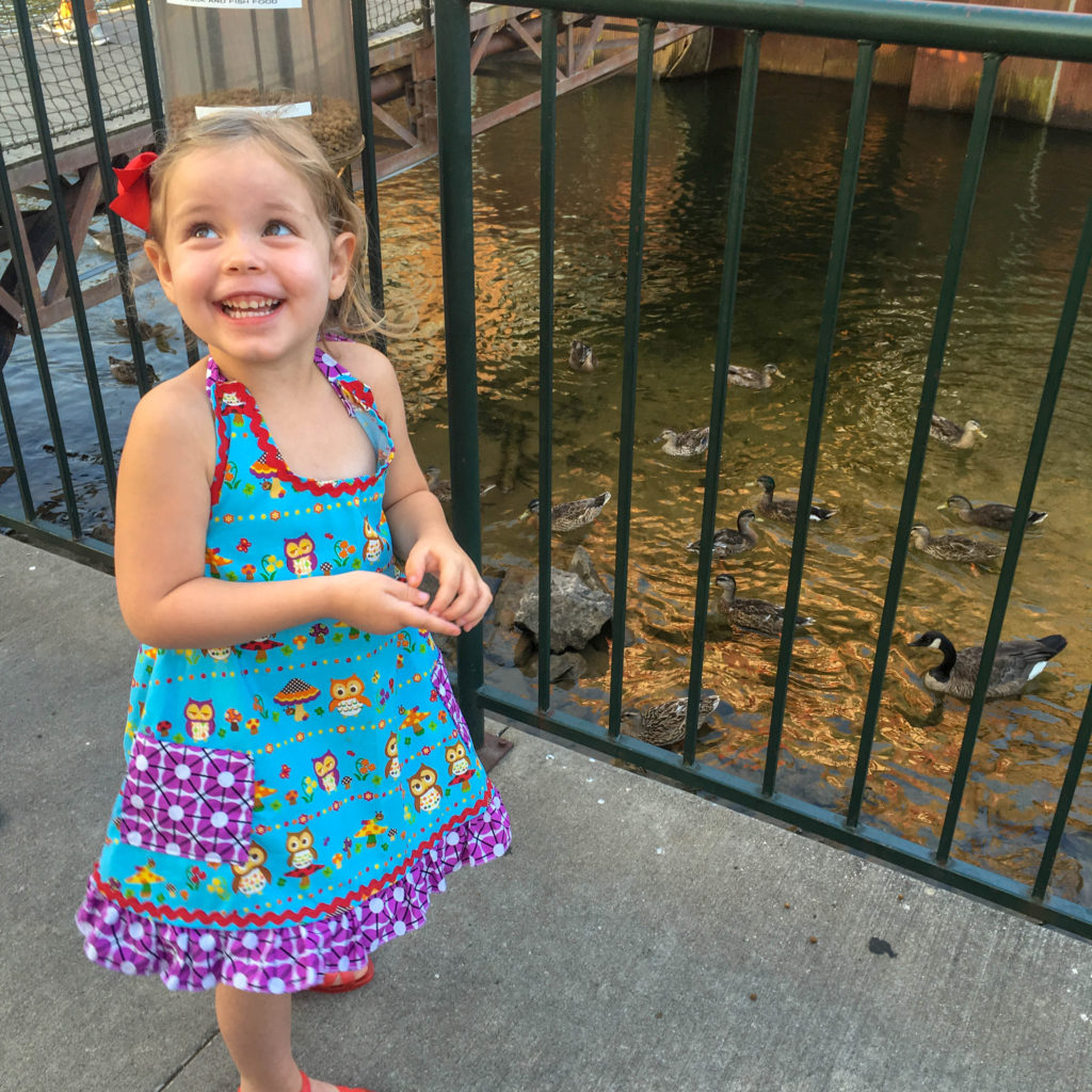 little girl smiling after feeding ducks in Branson, Missouri