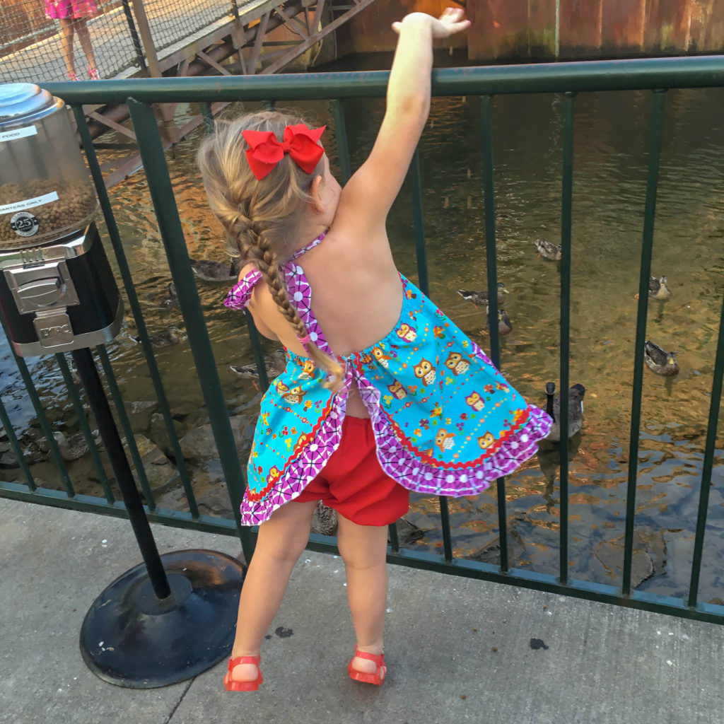 little girl feeds ducks at Branson Landing