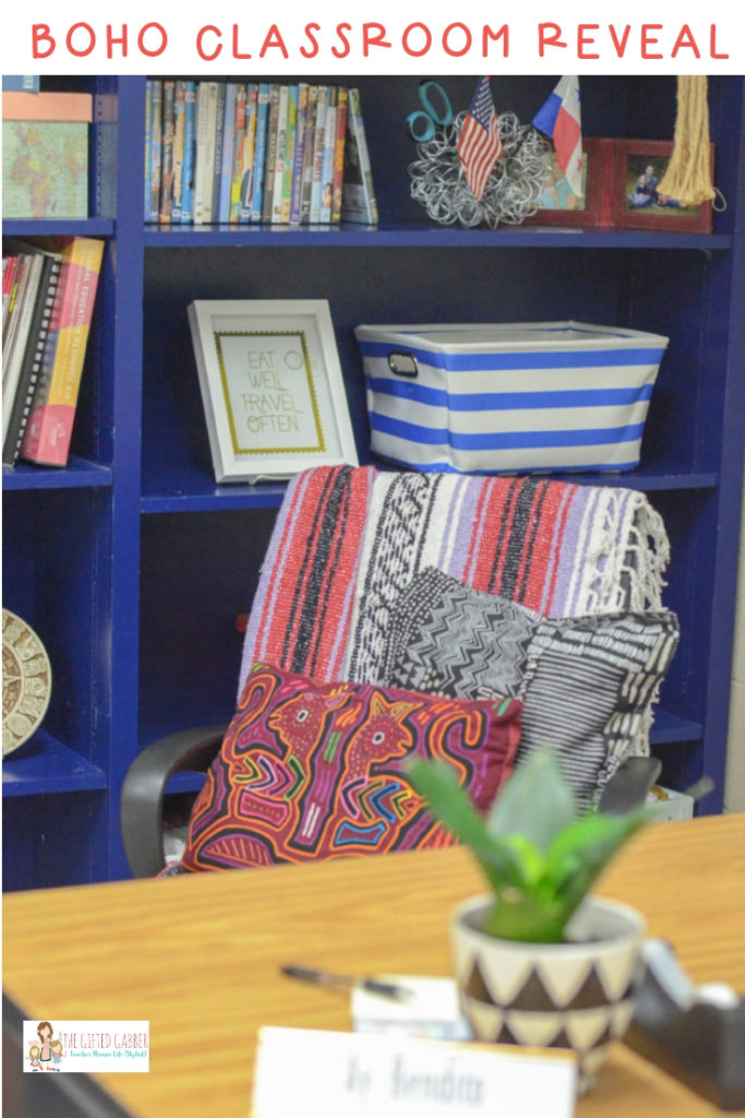 desk chair with serape, mudcloth pillow, and Panama mola pillow surrounded by boho classroom decor on desk 