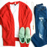 Chunky red sweater and teal Minnetonkas - 5 Teacher Mom Sweater Outfits - The Gifted Gabber - #teacherlife #teacherstyle #momstyle #sweaters