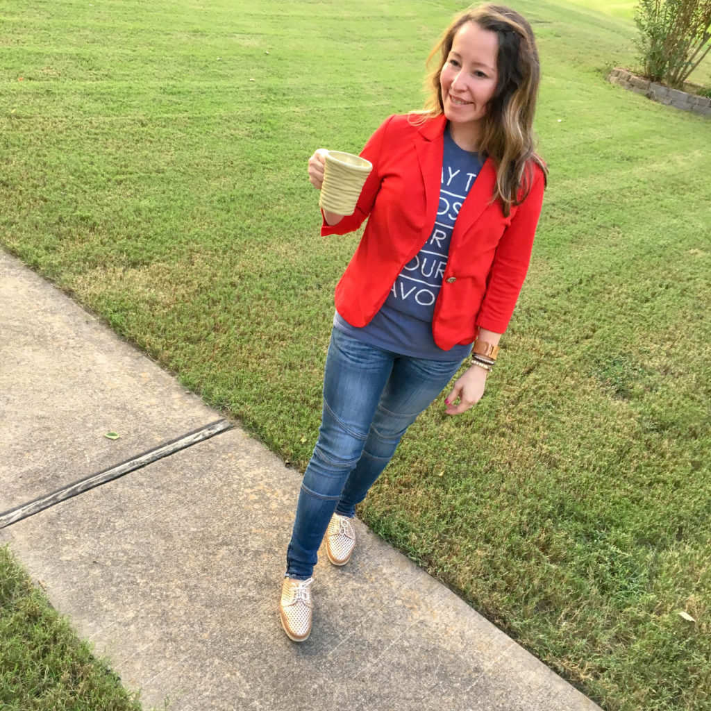 teacher wears teacher t-shirt under red blazer outfit