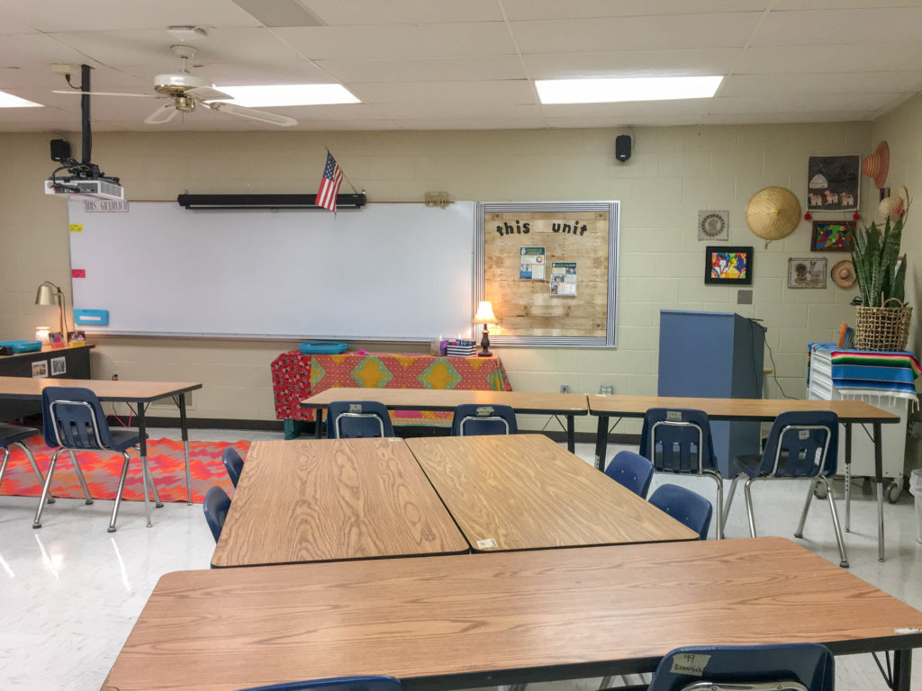 back angle of a middle school classroom with boho classroom theme 
