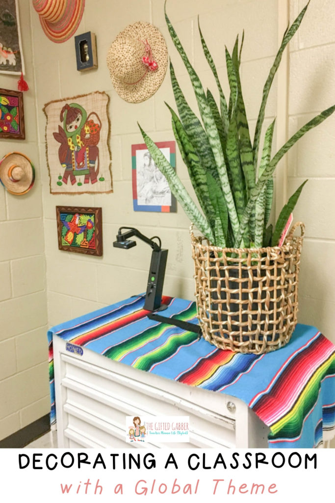 classroom snake plant with global art and colorful serape for global luxe style with boho classroom decor 